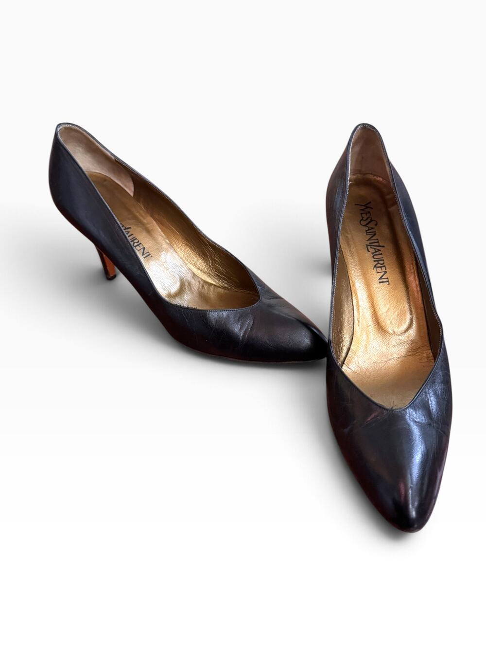 Vintage Yves Saint Laurent Black Leather Pointed-Toe Kitten Heel Pumps - Size 8N